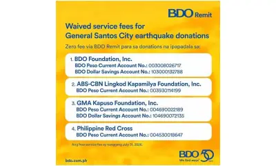 BDO Waives Remittance Fees for GenSan Earthquake Relief, Supports Pride Month, Father's Day Deals